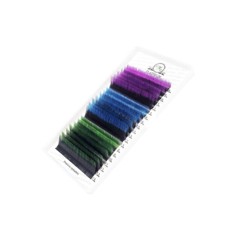 Eyelash Extensions Color Ombre MIX (Purple/Blue/Green) PLATINUM Curl CC 0.10 8–13mm