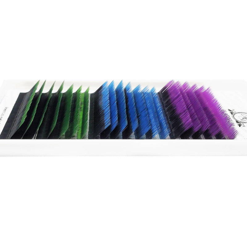 Eyelash Extensions Color Ombre MIX (Purple/Blue/Green) PLATINUM Curl CC 0.10 8–13mm