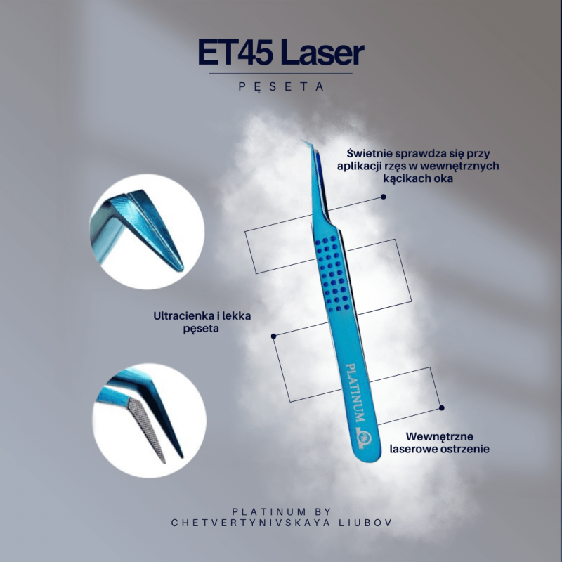 Tweezers for Eyelash Extensions ET 45 Laser PLATINUM Aqua Collection