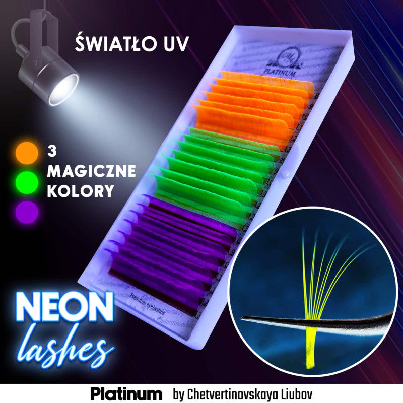Eyelash Extensions Color NEON MIX (Orange/Green/Purple) PLATINUM Curl CC 0.07 8–13mm