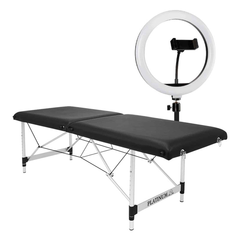 Folding Beauty Bed 60 cm PLATINUM + LED Ring Lamp PLATINUM — Set №5