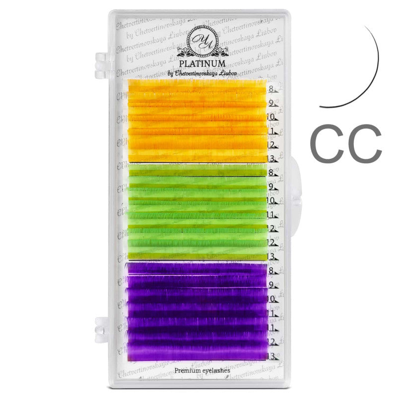 Eyelash Extensions Color NEON MIX (Orange/Green/Purple) PLATINUM Curl CC 0.07 8–13mm