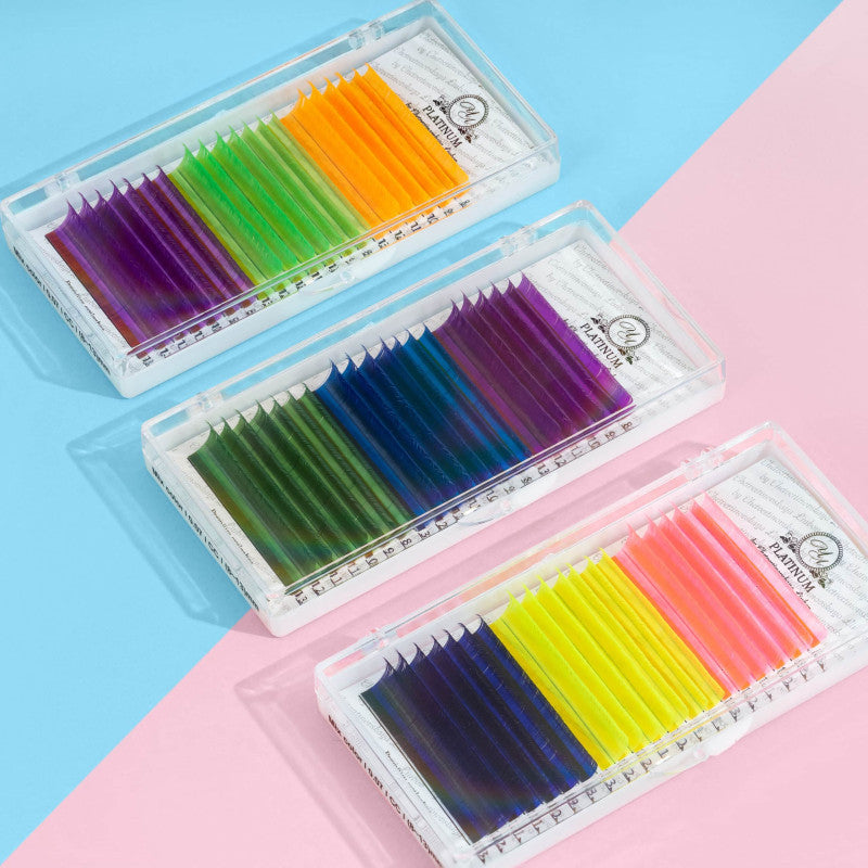 Eyelash Extensions Color NEON MIX (Orange/Green/Purple) PLATINUM Curl CC 0.07 8–13mm